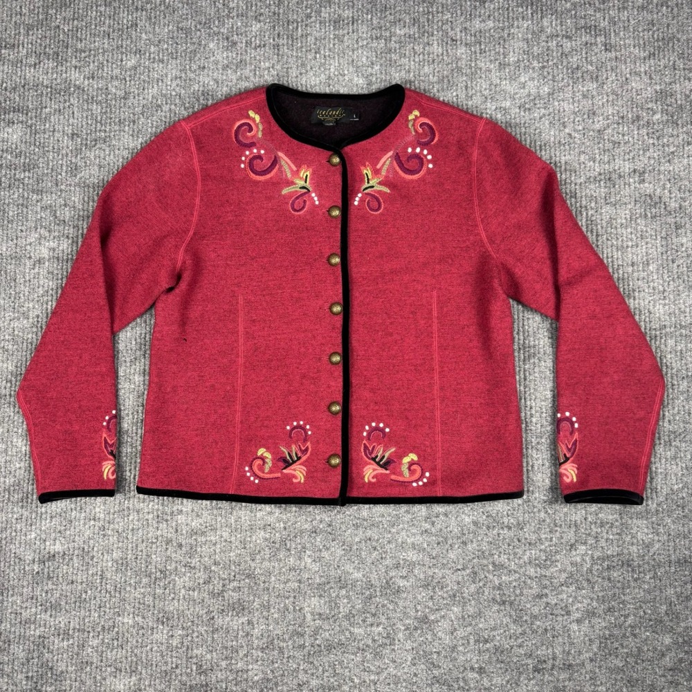 Icelandic Design Cardigan Womens L Red Wool Embroidered Velvet Trim Boho Folk